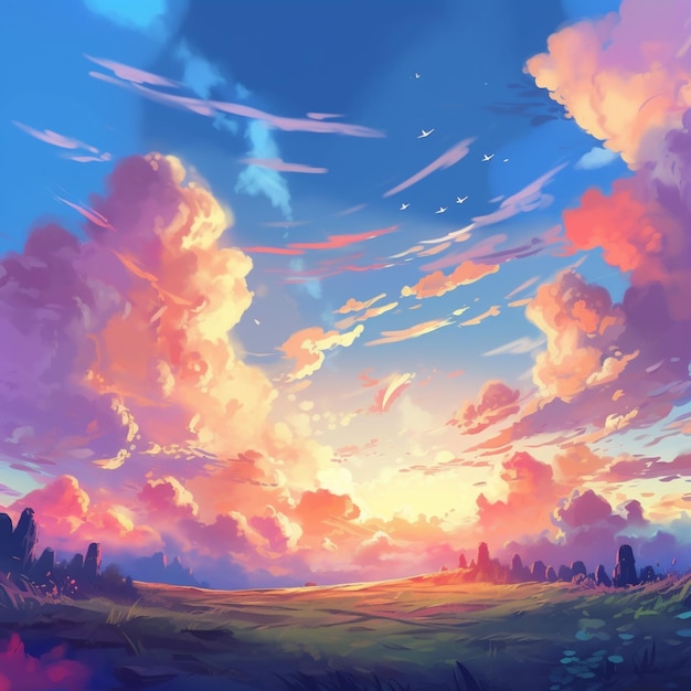 Krajobraz anime z zachodem słońca i generatywną ai rzeki
