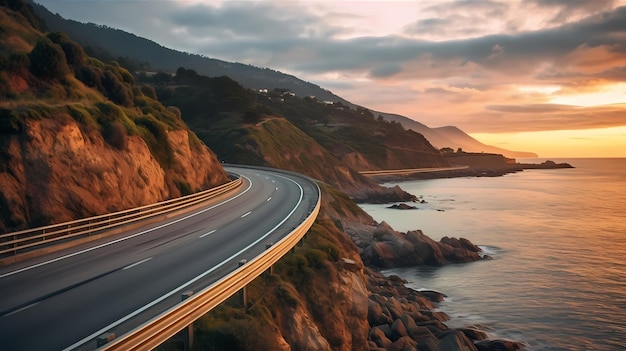Krajobraz autostrady o kolorowym zachodzie słońca Widok drogi na morze kolorowy krajobraz z piękną drogą