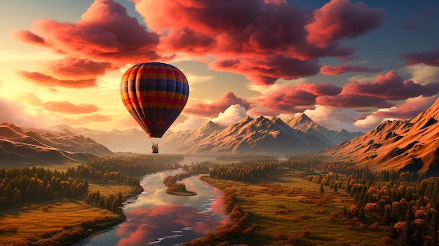 Zdjęcie krajobraz balonu na gorącym powietrzu w momencie zachodu słońca