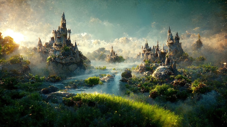 Zdjęcie krajobraz doliny z rzeką i górskimi zamkami w stylu fantasy