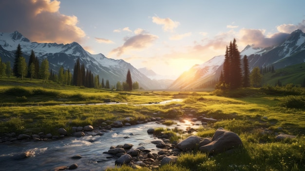 Krajobraz dzikiej przyrody Złotej Godziny Górski potok i światło słoneczne