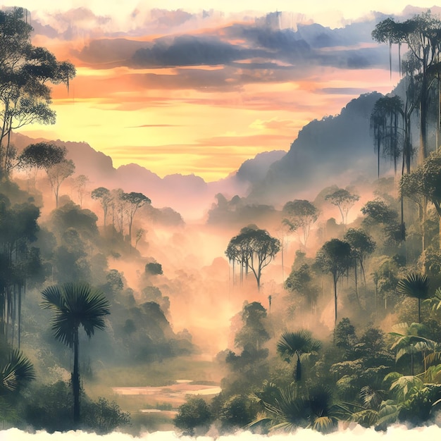 Zdjęcie krajobraz dżungli magiczny chmurny słońce akwarelowy styl