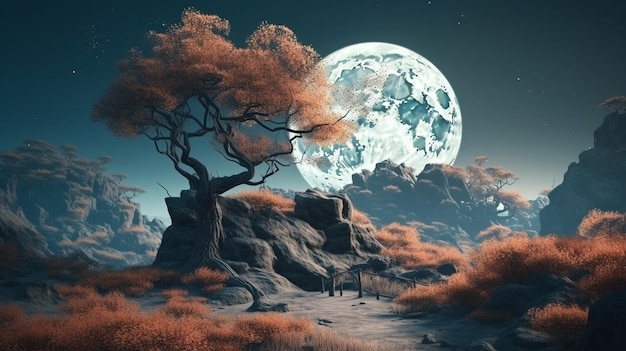 Krajobraz fantasy z generatywną ai drzewa i księżyca w pełni