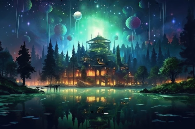Krajobraz fantasy z magicznym lasem w nocy Tło natury Generatywna sztuczna inteligencja