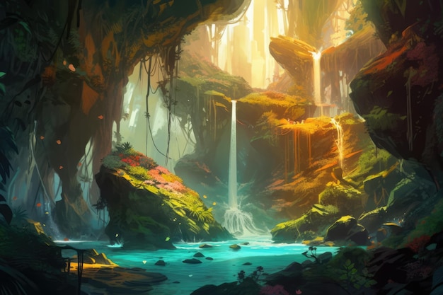 Krajobraz fantasy z wodospadem i rzeką w lesie stworzony przy użyciu technologii generatywnej AI