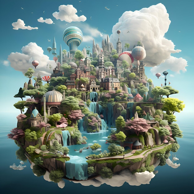 Krajobraz fantasy z zamkami fantasy, drzewami i wodą ilustracja 3D