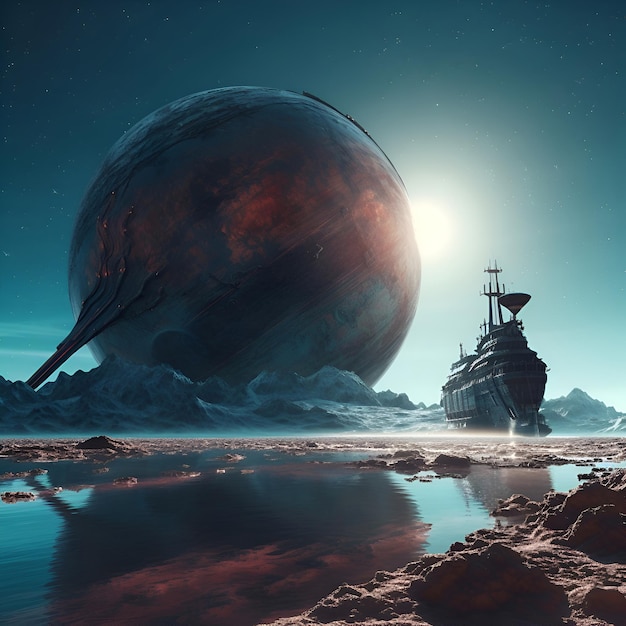 Krajobraz fantasy ze statkiem i planetą Ilustracja 3D Elementy tego obrazu dostarczone przez NASA