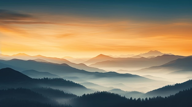 Krajobraz gór z mgłą i drzewami