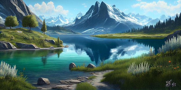 Krajobraz górski jezioro i pasmo górskie duża panorama Ai_Generated_