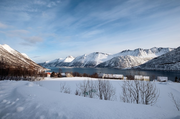 Krajobraz górski śnieg i norweska wioska na wybrzeżu w zimie na wyspie Senja, Norwegia