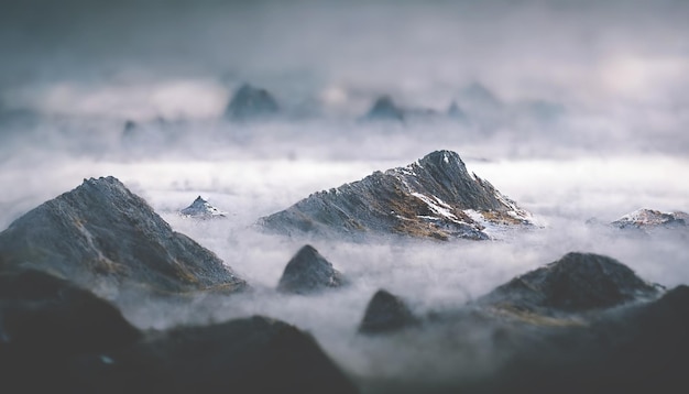 Krajobraz górski Szczyty górskie we mgle Krajobraz fantazji górskie skały Ilustracja 3D