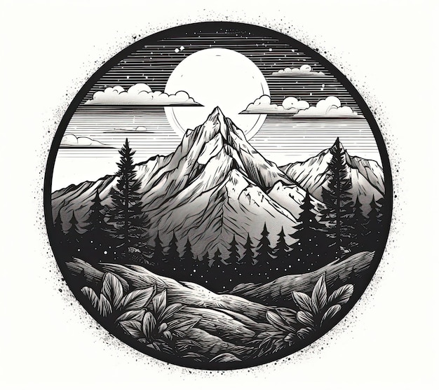 Krajobraz górski w okrągłej ramce ilustracja wektorowa narysowana ręcznie