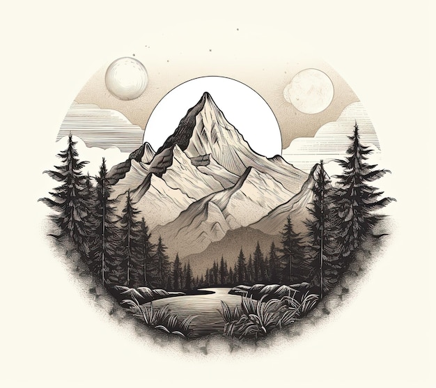 Krajobraz górski w okrągłej ramce ilustracja wektorowa narysowana ręcznie