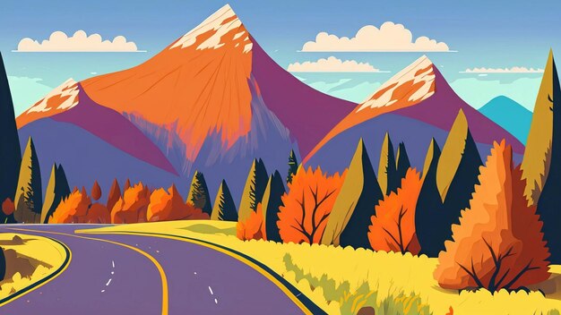 Krajobraz górskiej pustej drogi jesienią z sosnami, krzewami, trawą pomarańczową Płaski kolorowy wektor ilustracji