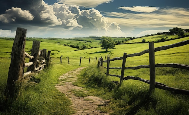 Zdjęcie krajobraz gospodarstwa rolnego z polem, drewnianym płotem, drogą i niebem w tle, koncepcja życia wiejskiego ai