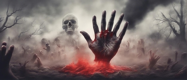 Krajobraz horroru Halloween z dymem i czaszkami