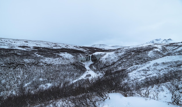 Krajobraz i ośnieżone góry Islandii z zamarzniętym wodospadem Svartifoss w oddali