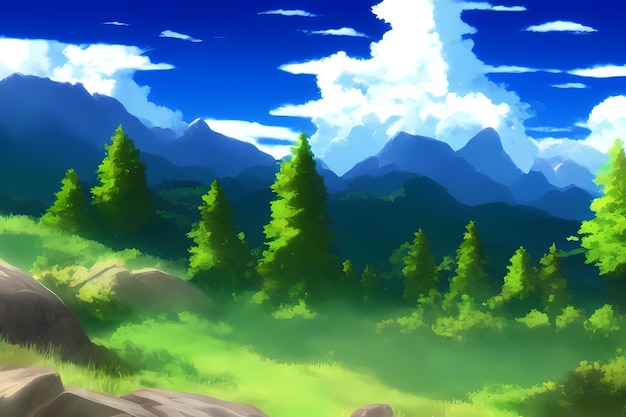 Krajobraz ilustracja cyfrowy obraz z zielenią góry wzgórza łąki błękitne niebo