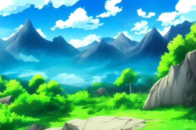 Krajobraz ilustracja cyfrowy obraz z zielenią góry wzgórza łąki błękitne niebo