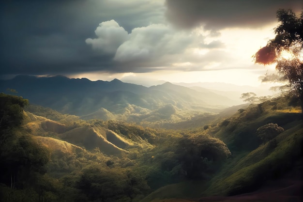 Krajobraz Kostaryki z górami i chmurami Generative AI Art Piękny widok