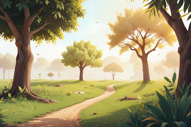 krajobraz kreskówki z drzewami i ścieżką