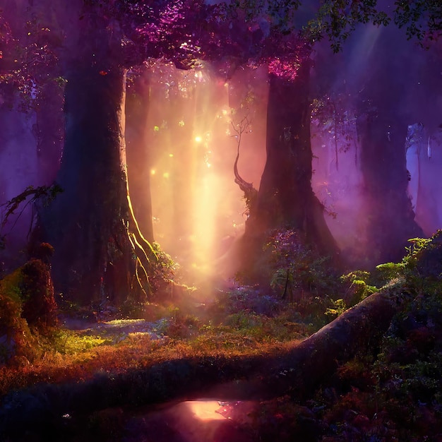 Krajobraz lasu Fantasy Magiczny ciemny bajkowy las neonowy zachód słońca promienie ilustracja 3D