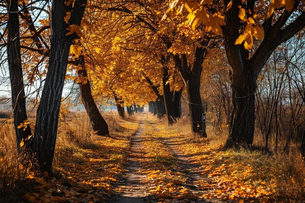 Krajobraz lasu pokrytego suchymi liśćmi i drzewami pod słońcem jesienią