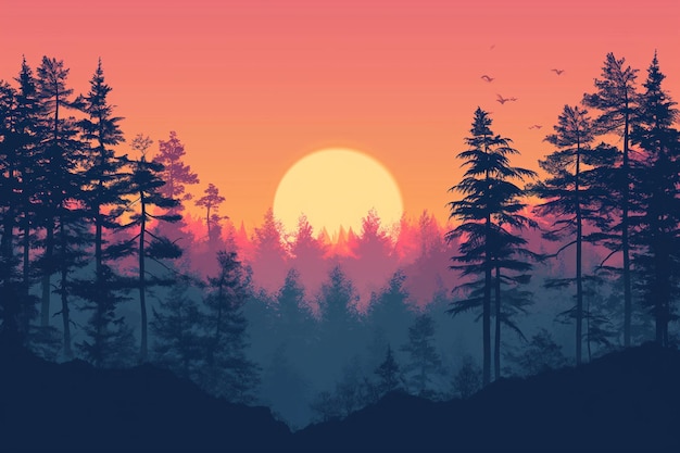 Zdjęcie krajobraz leśny sylwetki drzew z zachodem słońca na tle ilustracja projektowa koszulki lub plakatów ilustracja wektorowa