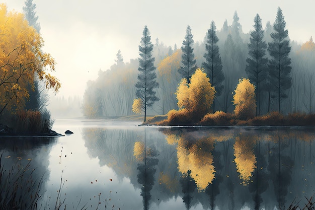 Krajobraz leśny ze spokojną wodą i mgłą nad rzeką na tle jesiennych drzew