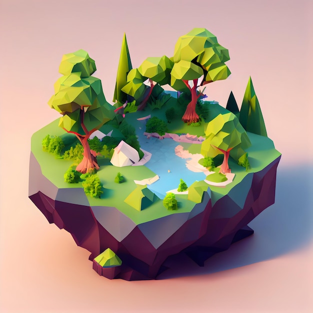 Krajobraz low poly z jeziorem pośrodku