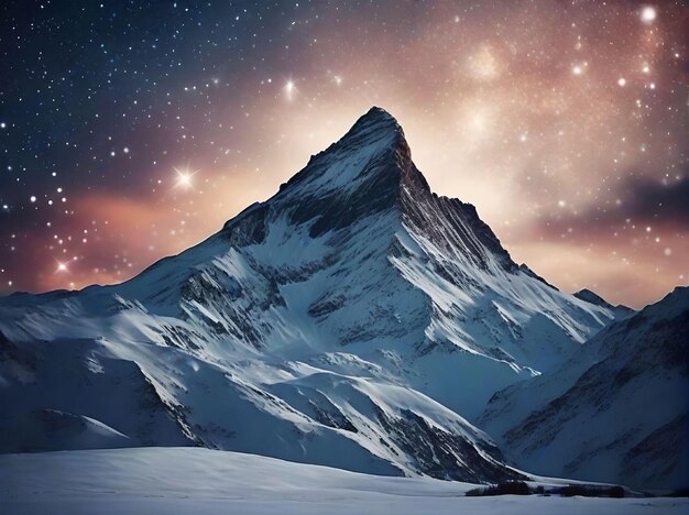Krajobraz magicznego śnieżnego szczytu góry z złotymi gwiazdozbiorami na północnym niebie