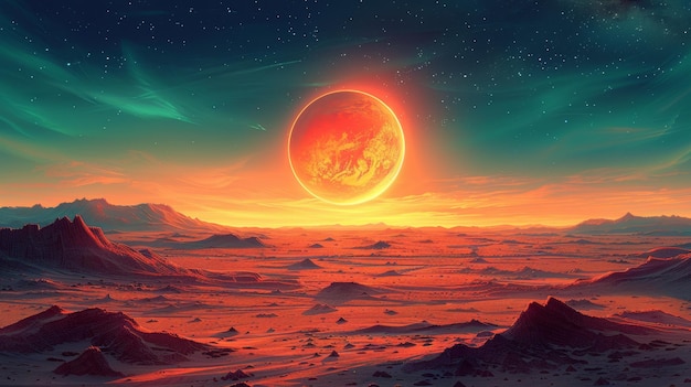 Krajobraz Marsa czerwona powierzchnia pustyni z górami kraterami Saturna i gwiazdy egzotyczna obca planeta tło nowoczesna ilustracja kreskówki pozaziemskie Marsa tło gry komputerowej