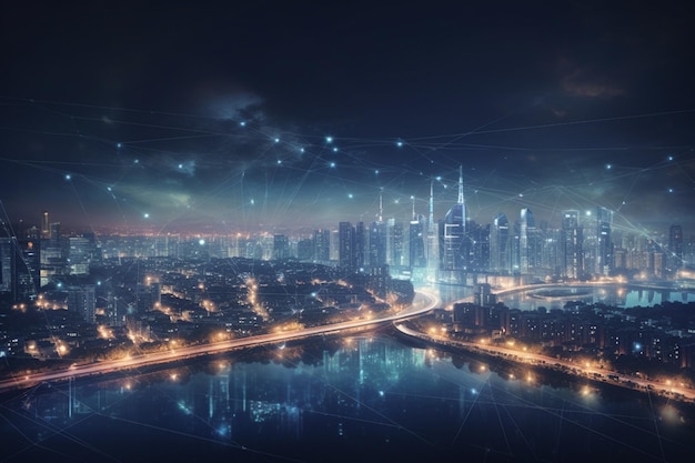 Krajobraz miasta i wieżowce w nocy Koncepcja nowoczesnych technologii