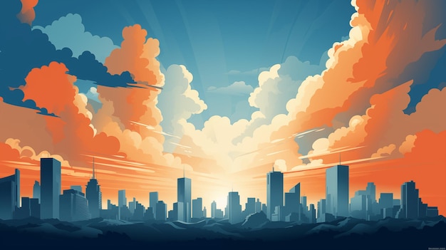 Krajobraz miasta przy zachodzie słońca w stylu kreskówki Delikatne tony Format poziomy