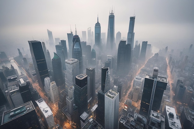 Krajobraz miasta z mglistym krajobrazem miasta w tle
