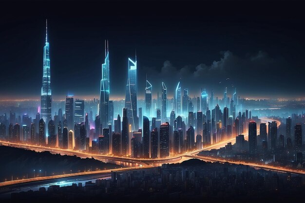 Krajobraz miasta z świecącym nowoczesnym panoramą miasta na tle nocnych świateł
