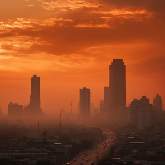 Krajobraz miasta zniszczony przez poranny smog pomarańczowy niebo walczące z zanieczyszczeniem dla mediów społecznościowych
