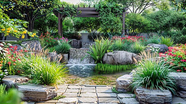 Zdjęcie krajobraz ogrodu z elementami wodnymi podkreślającymi sztukę tworzenia spokojnych i pięknie zaprojektowanych przestrzeni zewnętrznych do odpoczynku