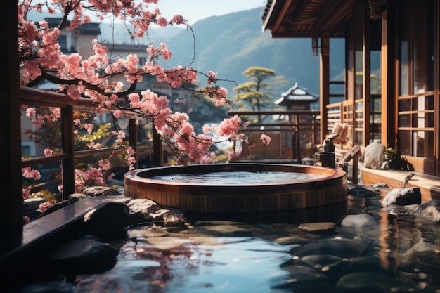 Krajobraz Onsen w Japonii z sezonem sakura Generatywny z Ai