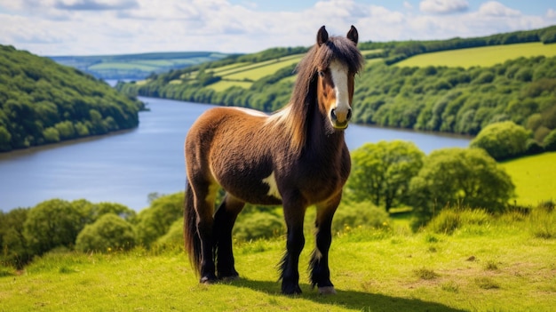 Krajobraz Parku Narodowego Exmoor Piękny kucyk paszący się na polach rolniczych nad jeziorem Wimbleball w Devon