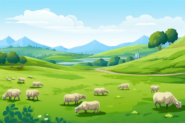 Krajobraz pasterski z paszącymi się owieczkamixA