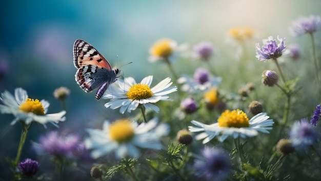 Krajobraz Piękne dzikie kwiaty rumianek fioletowy dziki groszek motyl
