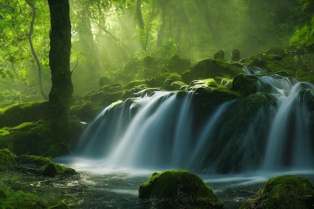 Krajobraz pięknej scenerii wodospadu w głębokim lesie renderowania 3d w tle