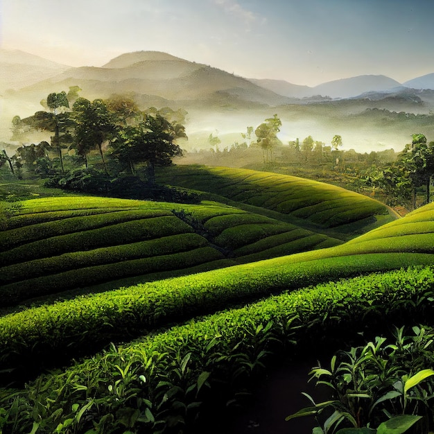 Krajobraz plantacji zielonej herbaty z niewielką mgiełką nad wzgórzami pole herbaty pod wschodem słońca urodzajny