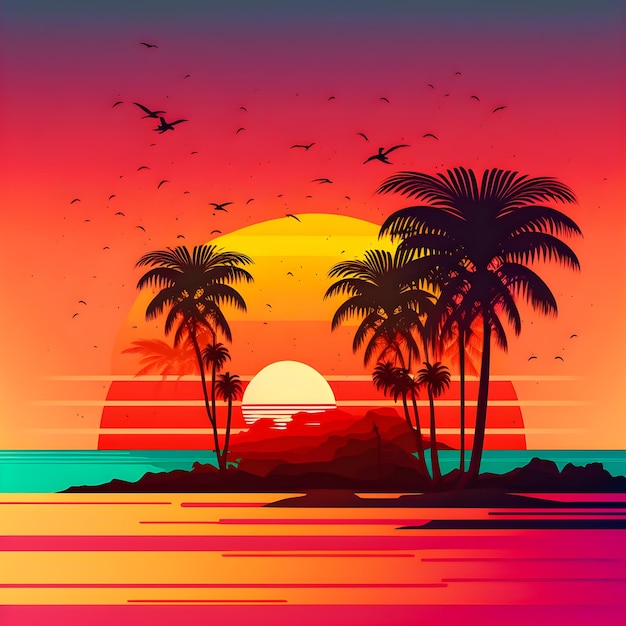 Krajobraz plaży z ilustracji retro wschód słońca
