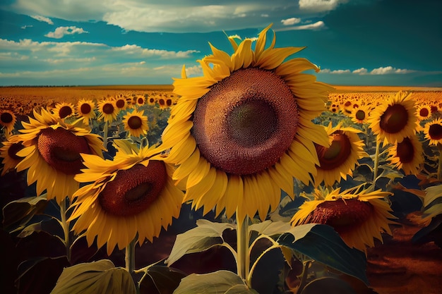 Krajobraz pola słonecznika Panoramiczne słoneczniki Farma Słoneczniki Abstrakcyjna generatywna ilustracja AI