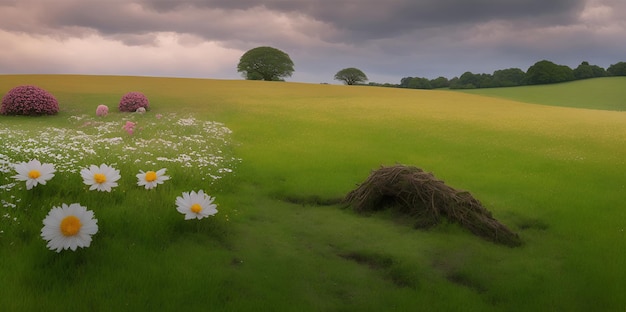 Krajobraz pola z polnymi kwiatami na tle burzliwego pochmurnego nieba