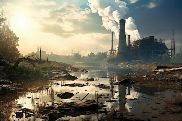 Krajobraz przemysłowy z kominem rzeki i niebieskim niebem Opuszczona fabryka w środku rzeki Koncepcja zanieczyszczenia środowiska AI generowana
