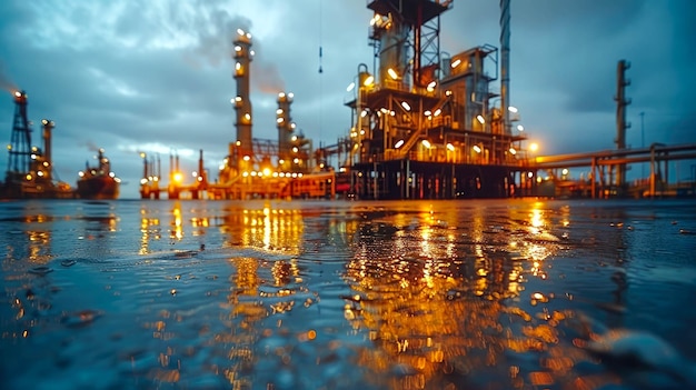 Krajobraz przemysłowy z rafinerią ropy naftowej przy zachodzie słońca