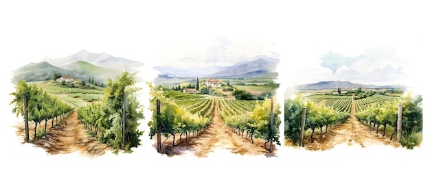 Krajobraz przyrody winnicy ai wygenerowana winorośl winnica pole rolnictwo wiejska przyroda krajobraz winnicy ilustracja akwarela